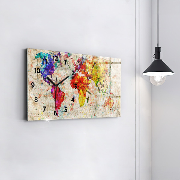 Glass wall clock rectangular Colored world map