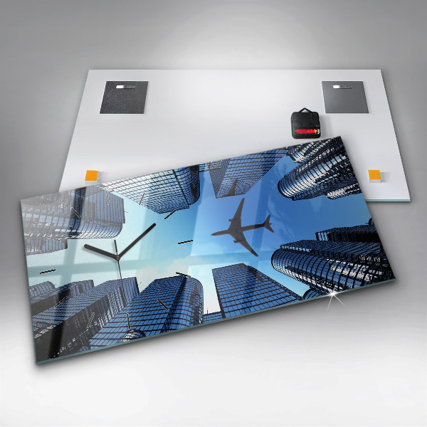 Glass wall clock rectangular Airplane over buildings
