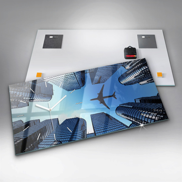 Glass wall clock rectangular Airplane over buildings