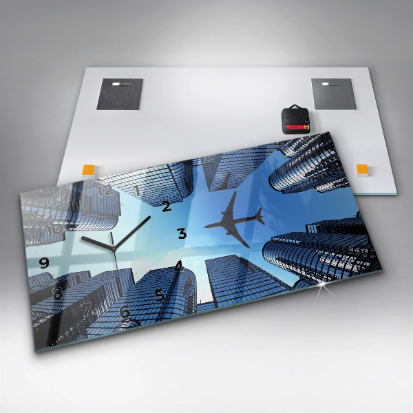 Glass wall clock rectangular Airplane over buildings