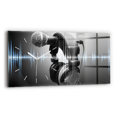 Glass wall clock rectangular Microphone and Headphones