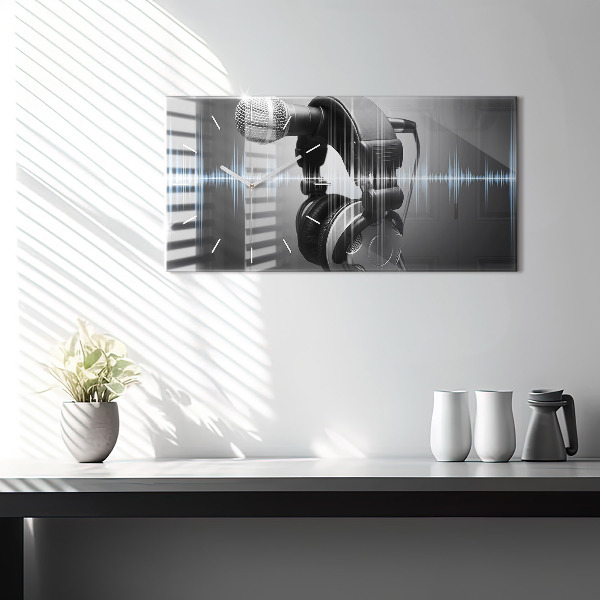 Glass wall clock rectangular Microphone and Headphones