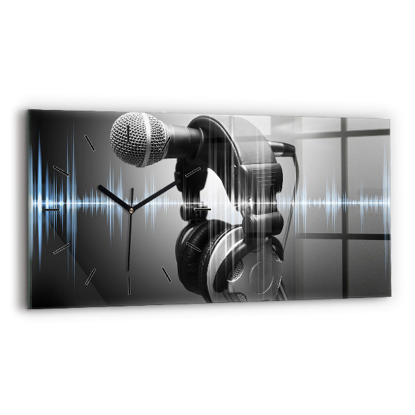 Glass wall clock rectangular Microphone and Headphones