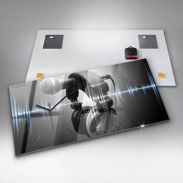 Glass wall clock rectangular Microphone and Headphones