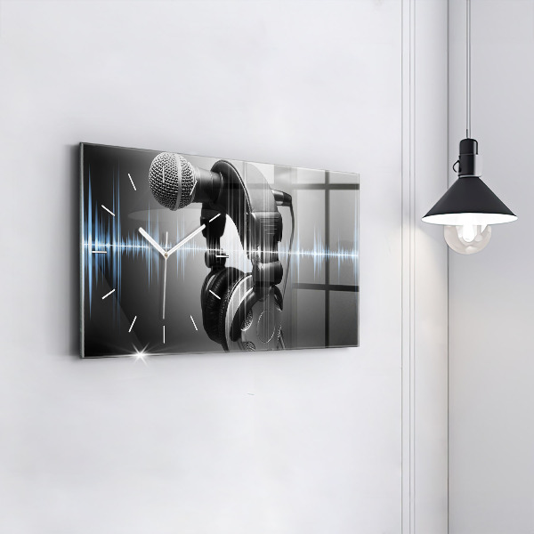 Glass wall clock rectangular Microphone and Headphones