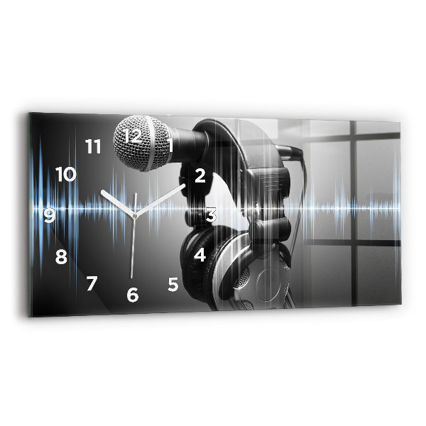 Glass wall clock rectangular Microphone and Headphones