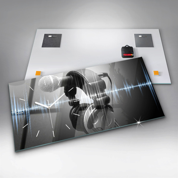 Glass wall clock rectangular Microphone and Headphones