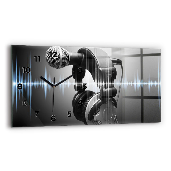 Glass wall clock rectangular Microphone and Headphones