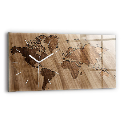 Glass wall clock rectangular World map on wood