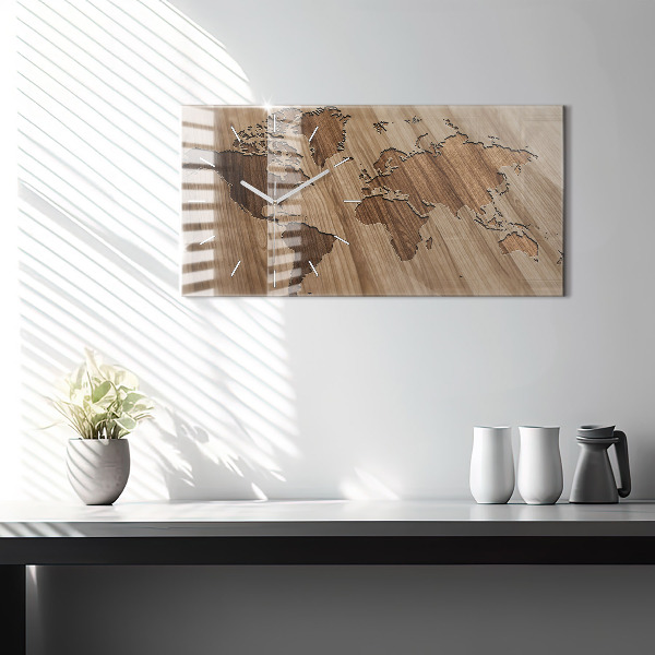 Glass wall clock rectangular World map on wood