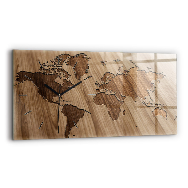Glass wall clock rectangular World map on wood
