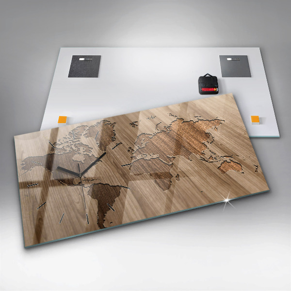 Glass wall clock rectangular World map on wood