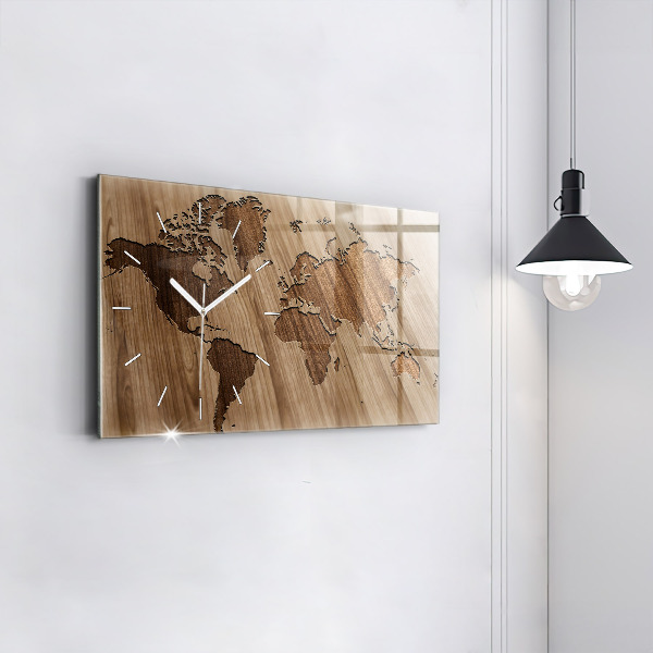 Glass wall clock rectangular World map on wood