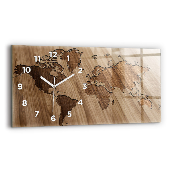 Glass wall clock rectangular World map on wood