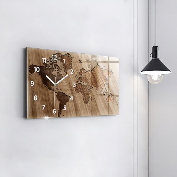 Glass wall clock rectangular World map on wood