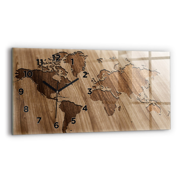 Glass wall clock rectangular World map on wood