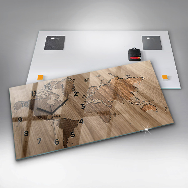 Glass wall clock rectangular World map on wood