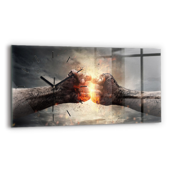 Glass wall clock rectangular Fists Strength Power