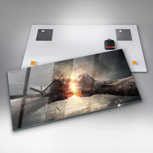 Glass wall clock rectangular Fists Strength Power