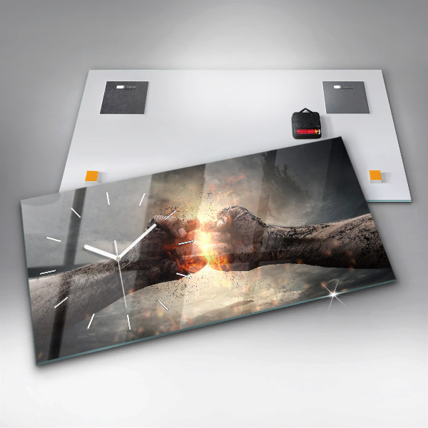 Glass wall clock rectangular Fists Strength Power