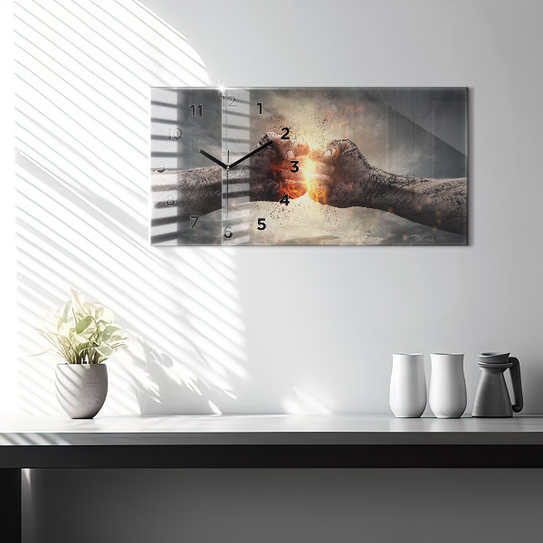 Glass wall clock rectangular Fists Strength Power