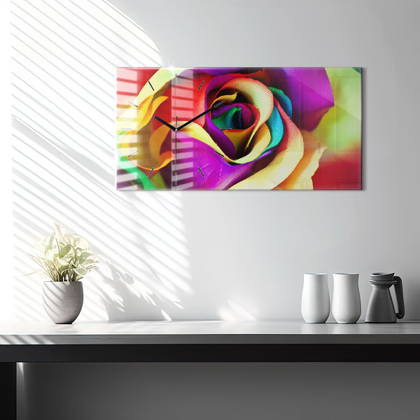 Glass wall clock rectangular Rainbow Rose