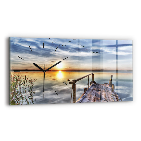 Glass wall clock rectangular Lake Sunset