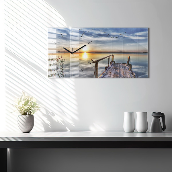 Glass wall clock rectangular Lake Sunset