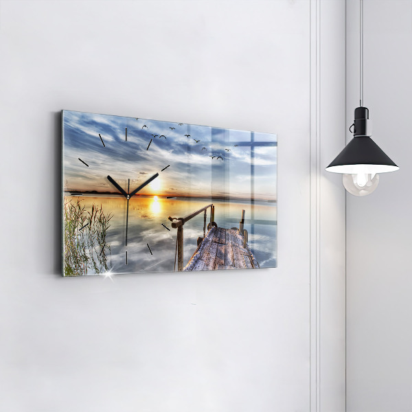 Glass wall clock rectangular Lake Sunset