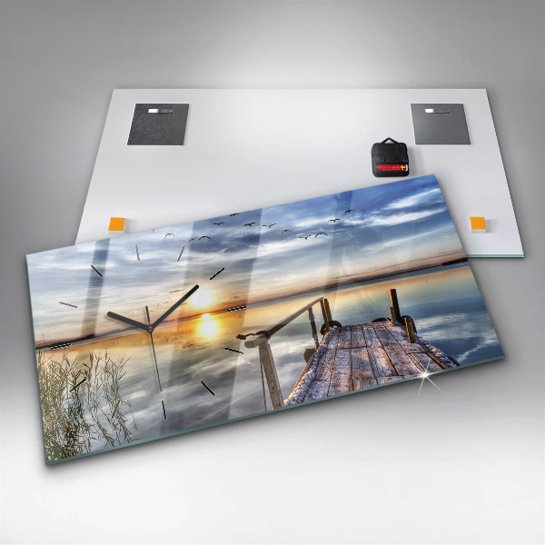 Glass wall clock rectangular Lake Sunset