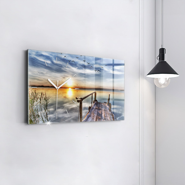 Glass wall clock rectangular Lake Sunset