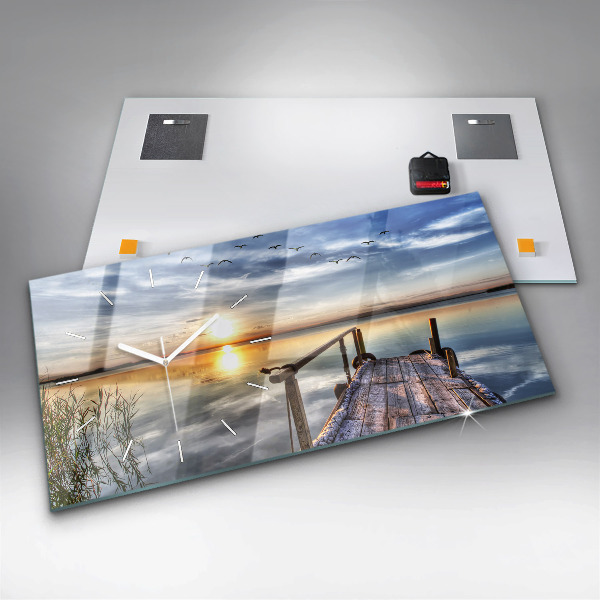 Glass wall clock rectangular Lake Sunset
