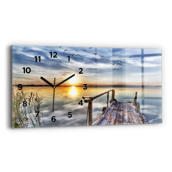 Glass wall clock rectangular Lake Sunset