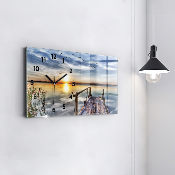 Glass wall clock rectangular Lake Sunset