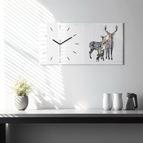 Glass wall clock rectangular Deer family