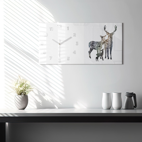 Glass wall clock rectangular Deer family