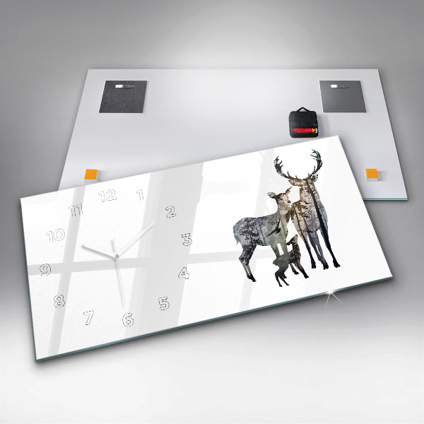 Glass wall clock rectangular Deer family