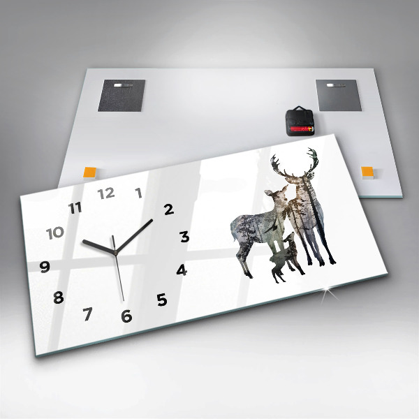 Glass wall clock rectangular Deer family