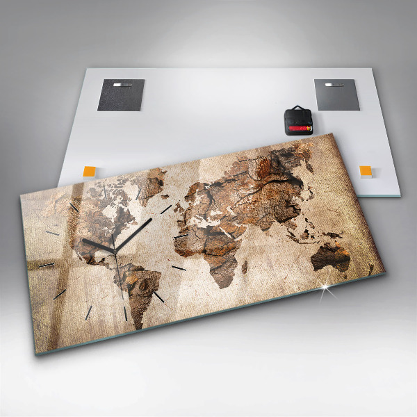 Glass wall clock rectangular Vintage world map