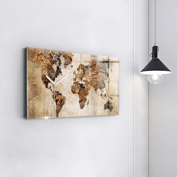 Glass wall clock rectangular Vintage world map