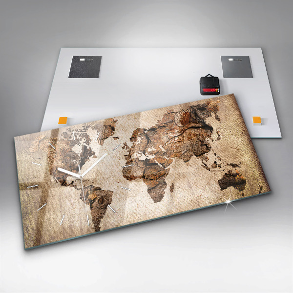 Glass wall clock rectangular Vintage world map