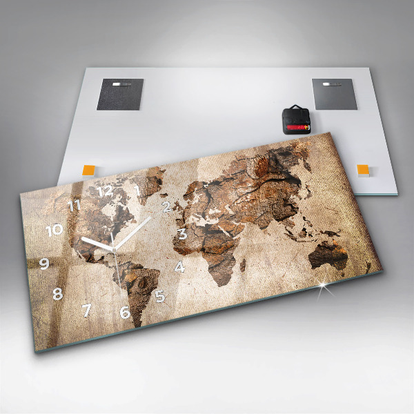 Glass wall clock rectangular Vintage world map