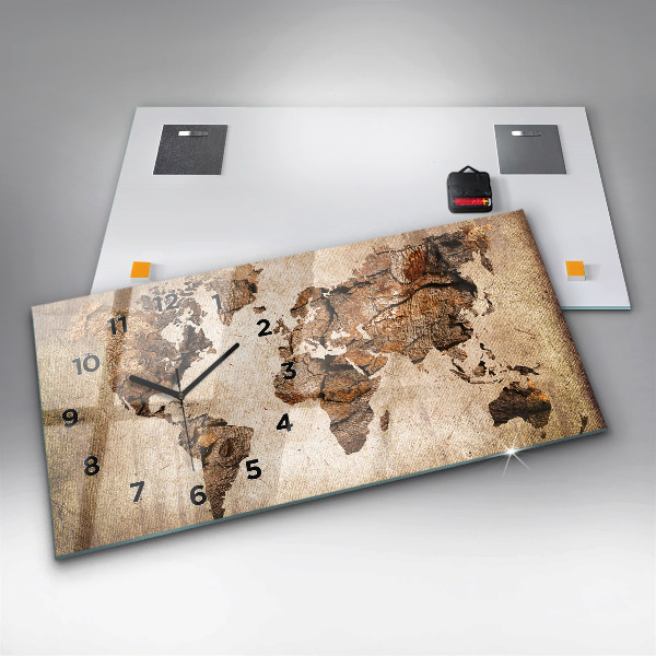 Glass wall clock rectangular Vintage world map