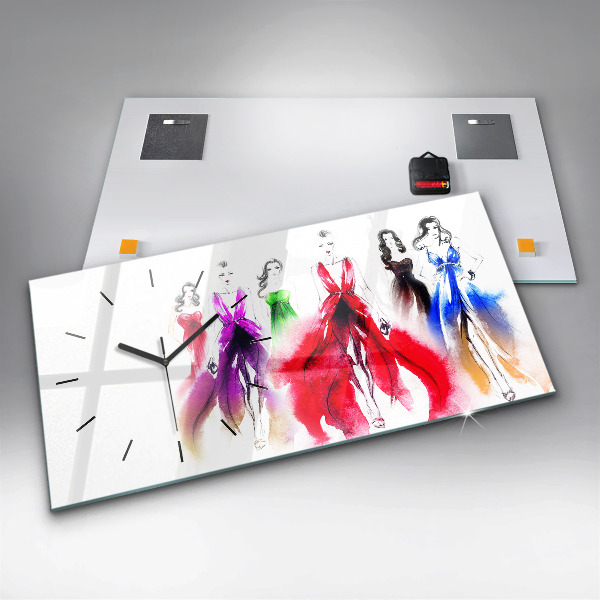 Glass wall clock rectangular Women in colorful dresses