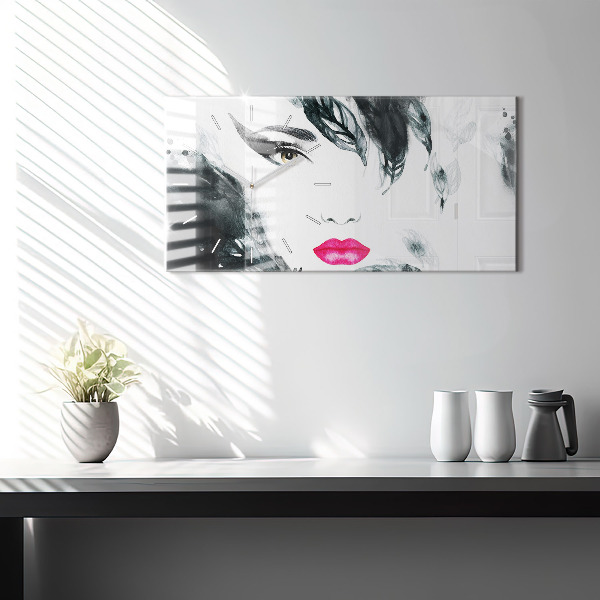 Glass wall clock rectangular Portrait of a woman red lips