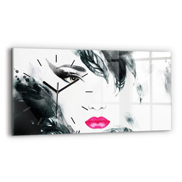 Glass wall clock rectangular Portrait of a woman red lips