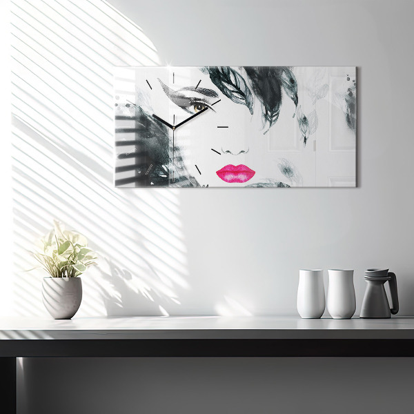 Glass wall clock rectangular Portrait of a woman red lips