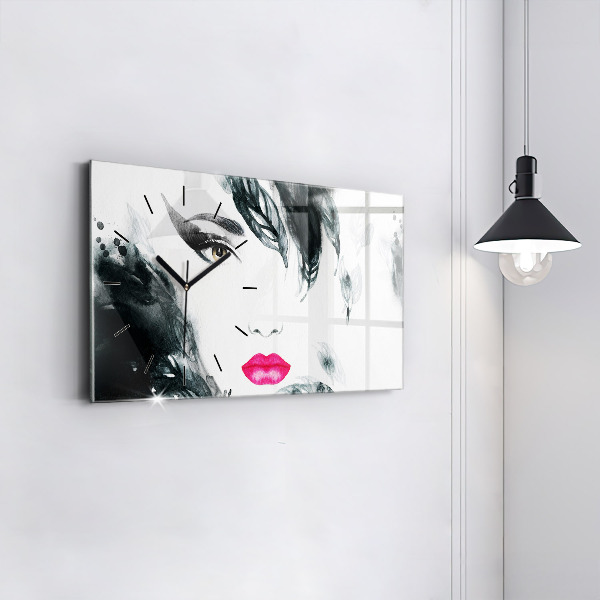 Glass wall clock rectangular Portrait of a woman red lips