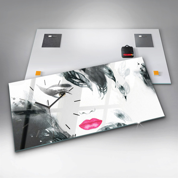 Glass wall clock rectangular Portrait of a woman red lips