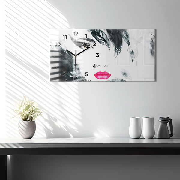 Glass wall clock rectangular Portrait of a woman red lips